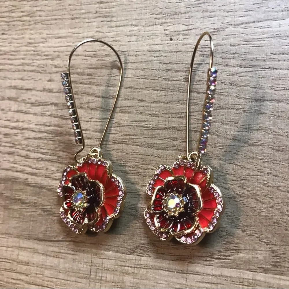 Betsy Johnson Red Rhinestones Enamel Gold  Flower  Colorful Drop Earrings